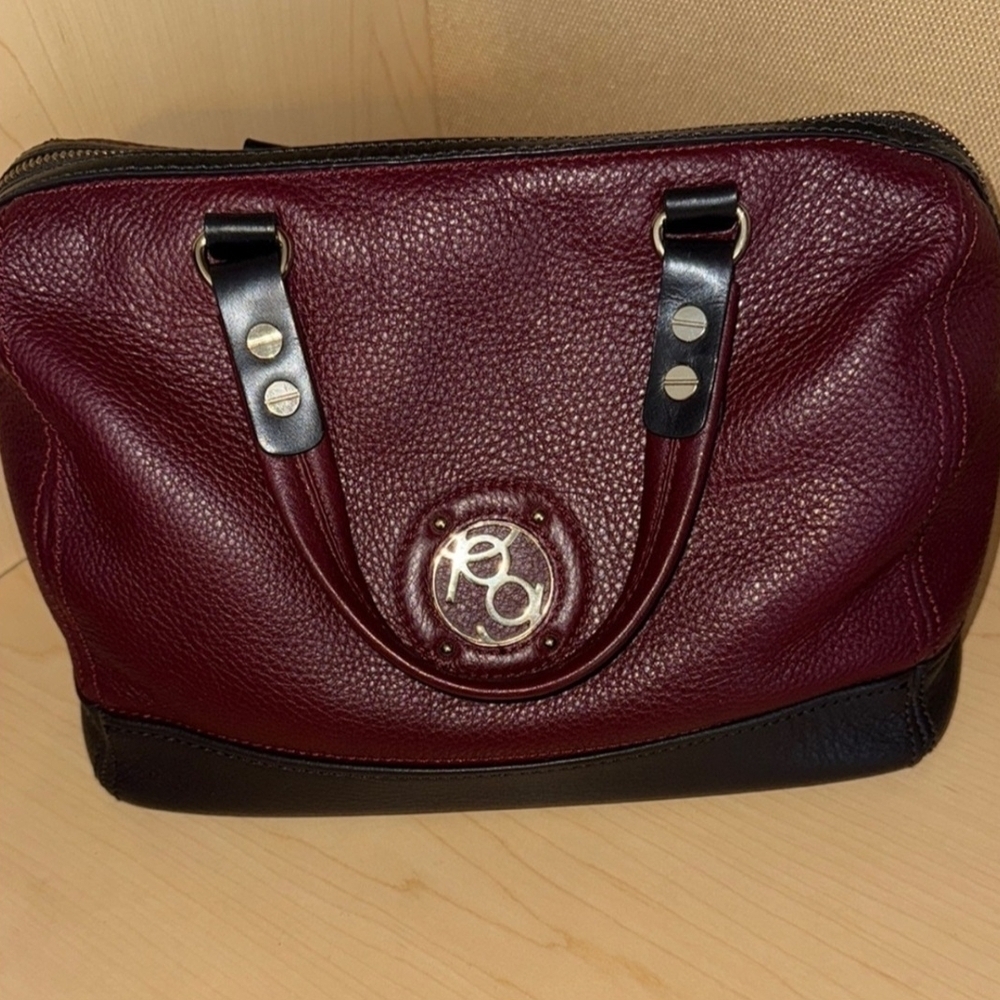 Purificacion Garcia Burgundy and Black Leather Handbag